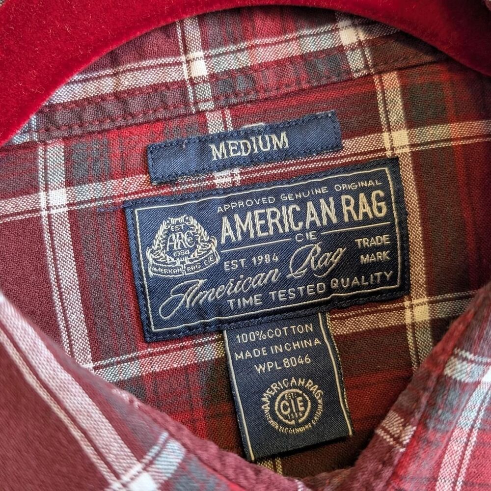 Red Plaid Cotton Flannel Men's Size Medium Long Sleeve Shirt American Rag - Picture 5 of 8
